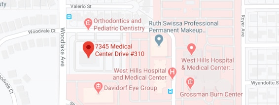 Street map of West Hills with a pin on 7345 Medical Center Drive #310, beside West Hills Hospital and Medical Center